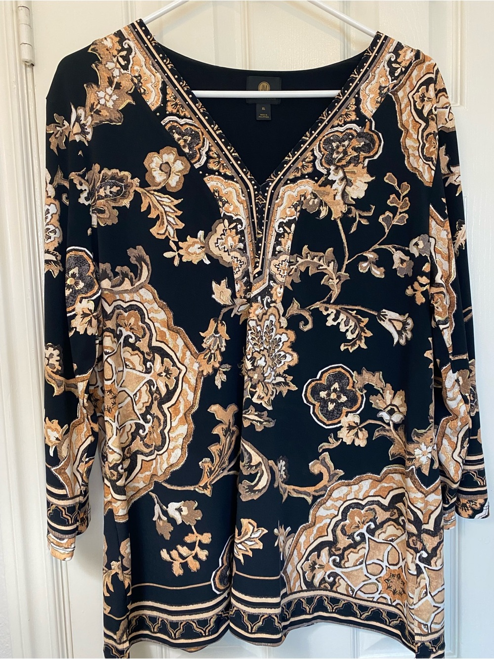 JM Collection Black Tunic with Gold and Cream Paisley Print